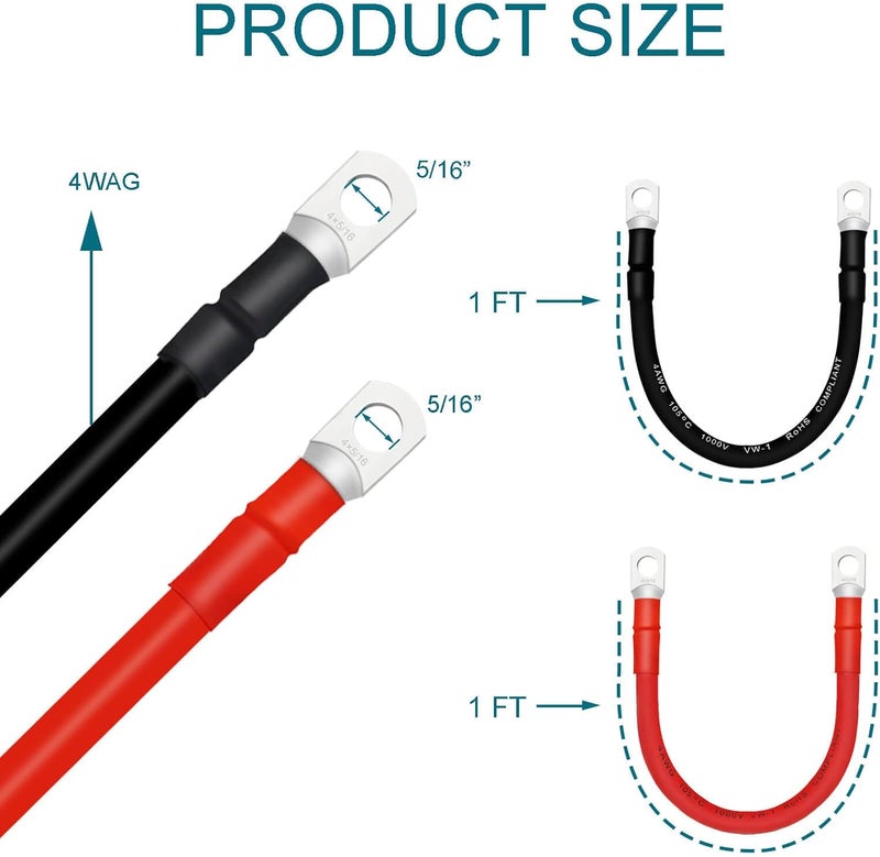 QIATOL كابل بطارية، كابلات بطارية 4 AWG مع أطراف، 4 قطع كابلات بطارية نحاسية (1 قدم). - Image 2